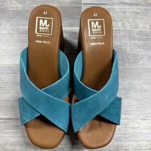 Mark Jenkins "Mustang" Wedge Slides Women's Size 11 Turquoise Cross Band New